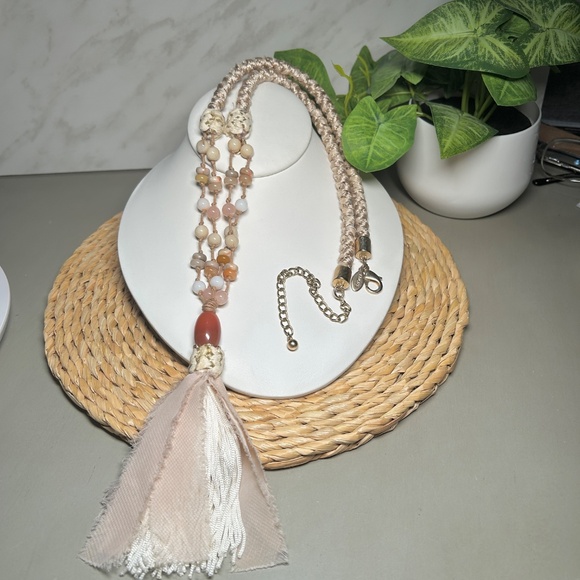 CHICO’S Coral and Cream colored double-strand corded beaded tassel necklace - Picture 7 of 13